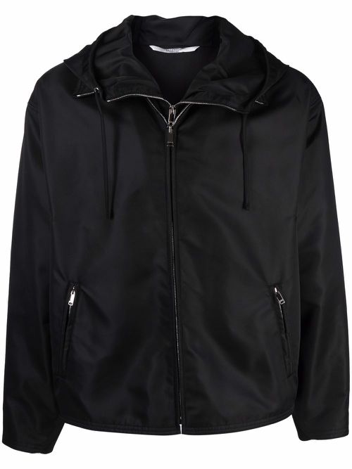 Dual zip-detail hooded short jacket - Black