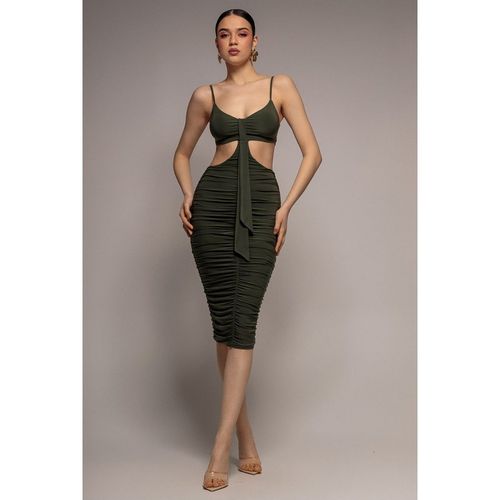 Goddiva Cut Out Ruched Bodycon Midi Dress - Khaki