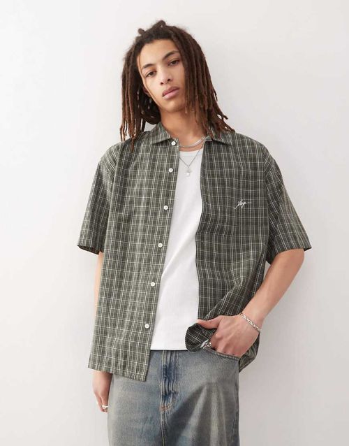 Shirt with embroidered script logo in green plaid-Multi
