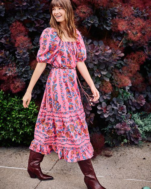 Organic Cotton Puff Sleeve Maxi Dress in Folklore Flowers | Women's S | Pink