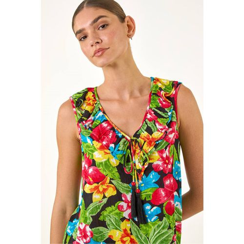 Roman Womens Floral Print Tie Front Frill Top - Green