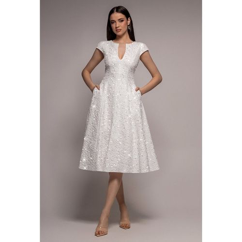 Goddiva Bead Embellished Jacquard A Line Midi Dress - White