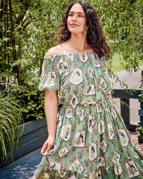 Organic Cotton Ruffled Sleeve Mini Dress in Birds Of India | Women's XS | Green
