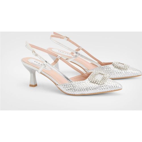 Oasis Womens Layla Faux Leather Woven Embellished Square Trim Point Kitten Heel Court Shoes - Silver