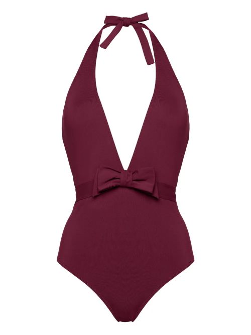 Halter Neck Bow One-Piece Swimsuit — burgundy