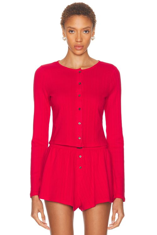 LUNYA CARDIGAN in Camellia Red - Red. XS also in L