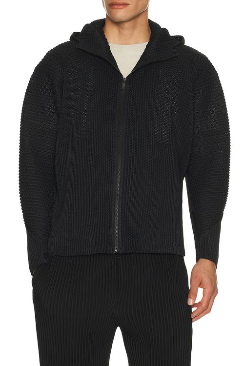 Homme Plisse Issey Miyake Wickerwork Mesh Full Zip Hooded Jacket in Black