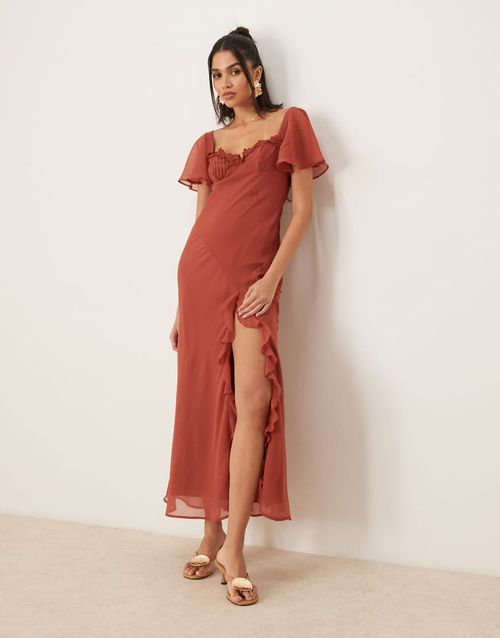 ASOS DESIGN flutter sleeve lace trim ruffle slit midaxi dress with open back in rust-Red