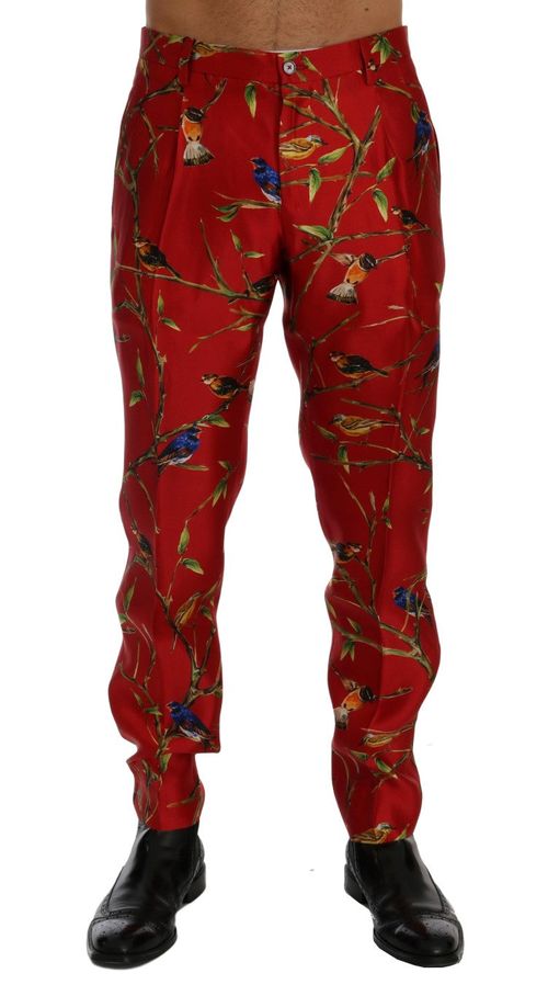 Silk Bird Print Trousers — Red