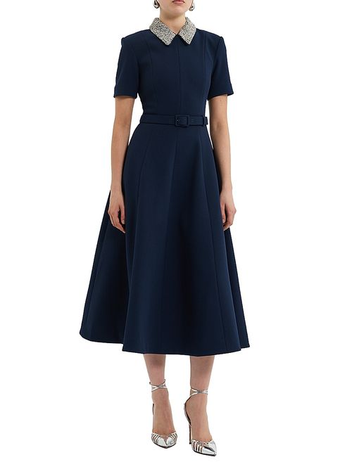 Women's Xena Embellished Stretch-Crepe Belted Midi-Dress - Navy