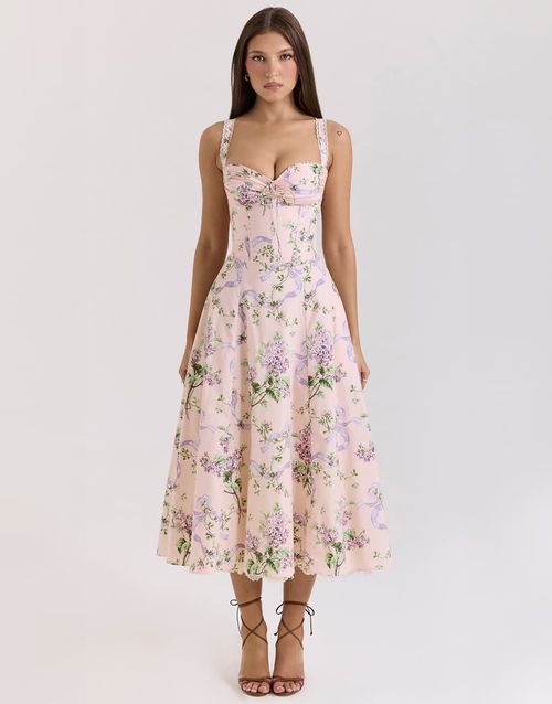 House of CB Rosalee pink floral corset midi dress in pink floral
