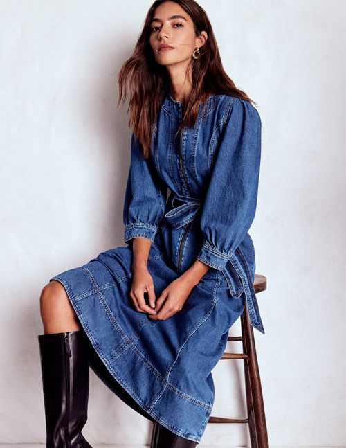 Zip Puff Sleeve Denim Dress Dark Wash