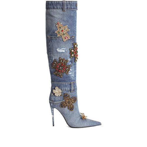 105mm embroidered patchwork denim boots