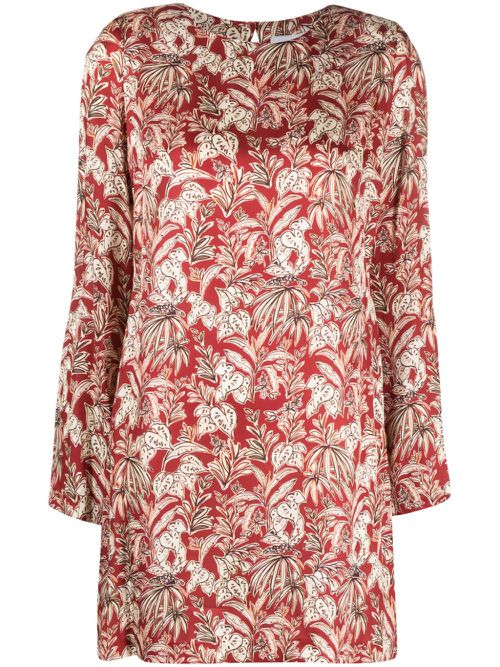 Leaf-print long-sleeve dress - Red