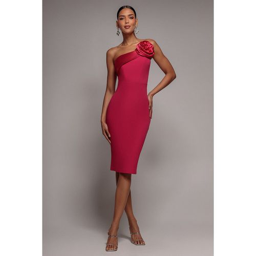 Goddiva Satin Corsage Scuba Crepe Midi Dress - Magenta