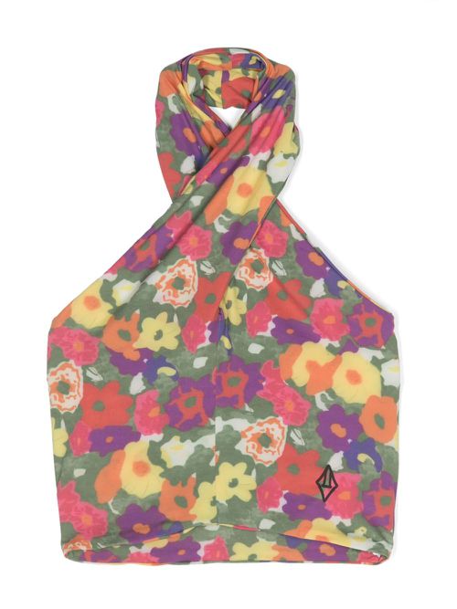 Logo-embroidered floral halterneck top - Yellow