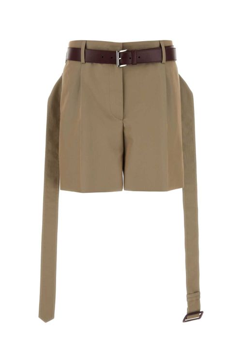 Twill and Calfleather Belted Bermuda Shorts — Beige