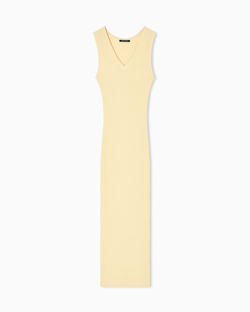 Long dress in openwork knit with V-neck