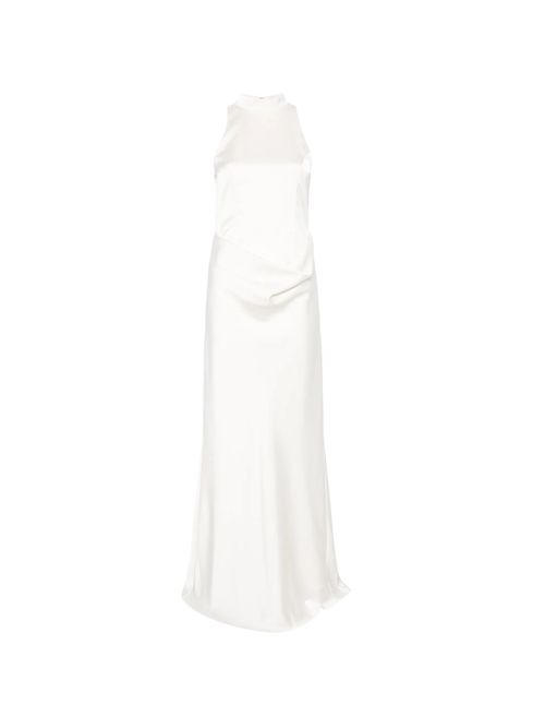 High-Neck Sleeveless Satin Dress with Draped Waist and Train