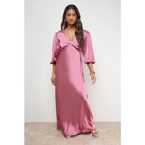 Oasis Women's Satin V Neck Balloon Sleeve Bias Midi Dress in Rose