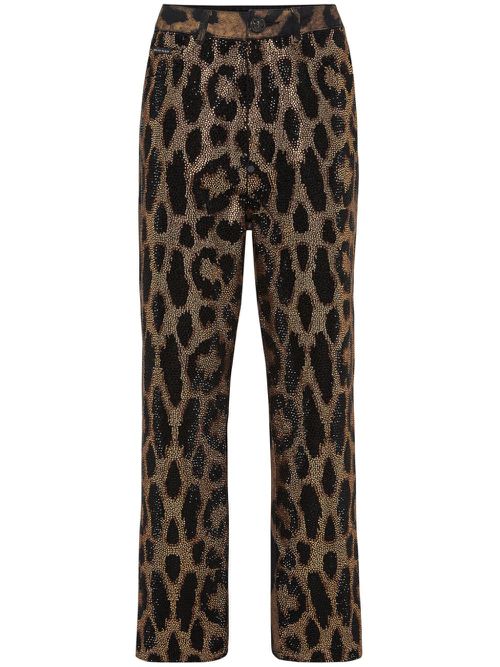 Crystal-embellished leopard jeans - Brown