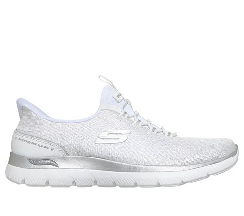Skechers Women's Slip-ins: Arch Fit Summits - Diamond Grace Sneaker in White/Silver, 5 | Textile/Synthetic, Vegan