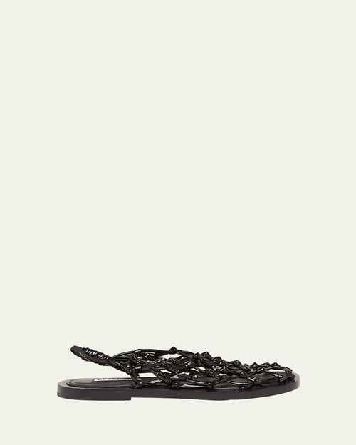 Leather Crochet Net Ballerina Flat Sandals