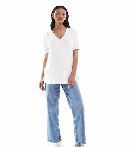 ASOS DESIGN Maternity crop comfort stretch straight leg jeans in mid blue