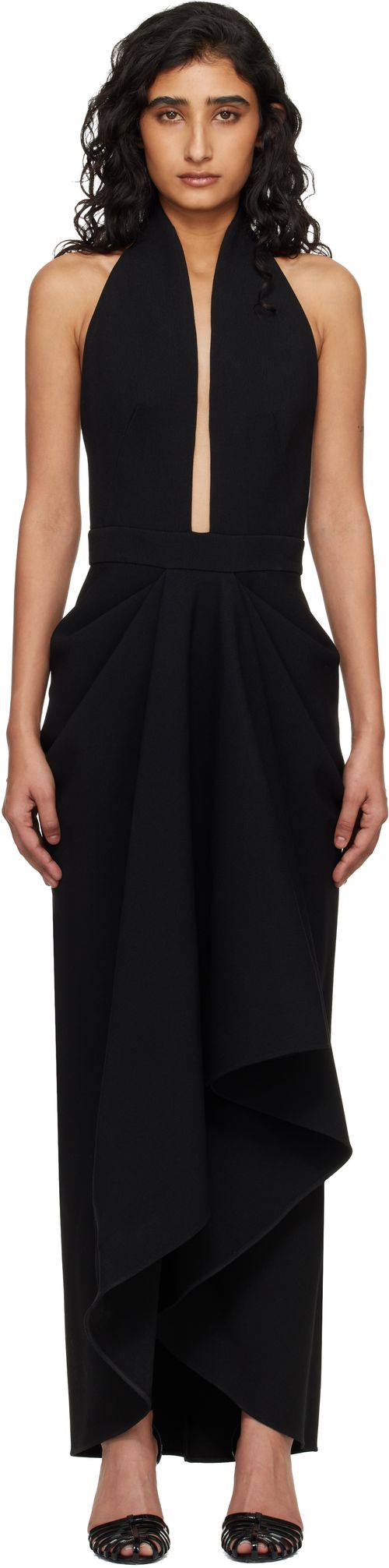 Black Draped Wool Maxi Dress