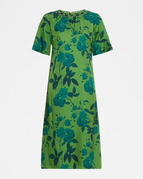 Lemie Beaded Floral-Print Twill Midi Dress