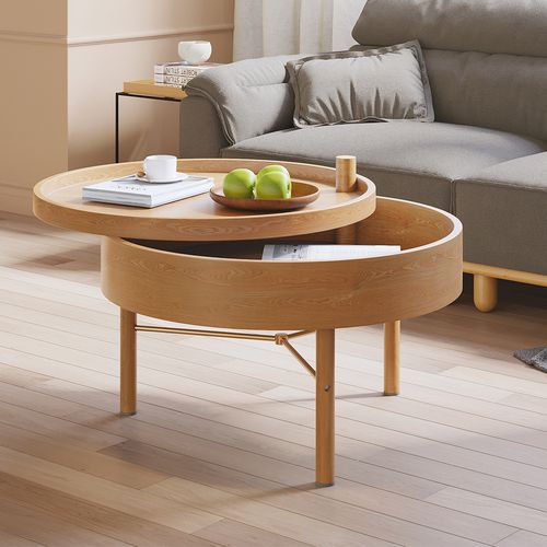Moderner runder drehbarer Couchtisch aus Holz mit Stauraum & Metallbeinen in Natur