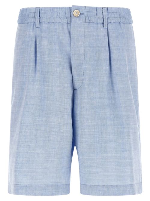 Chevron Linen-Wool Blend Bermuda Shorts — Blue