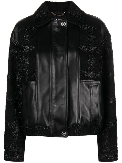 Glittered leather bomber jacket - Black
