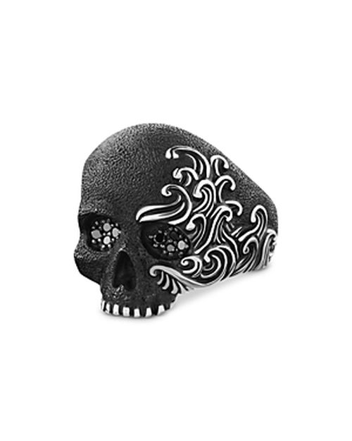 Men's Sterling Silver Waves Skull Ring with Black Diamonds