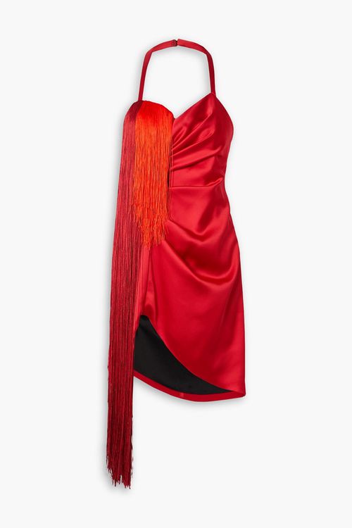 Draped fringed duchesse-satin halterneck mini dress