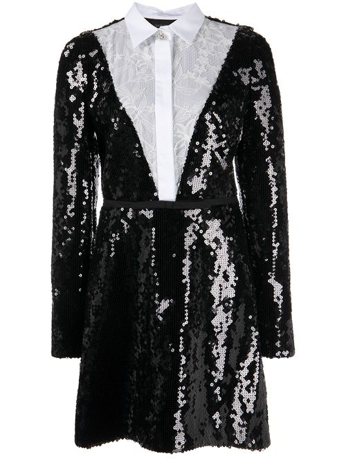 Floral lace shirt sequinned dress - Black